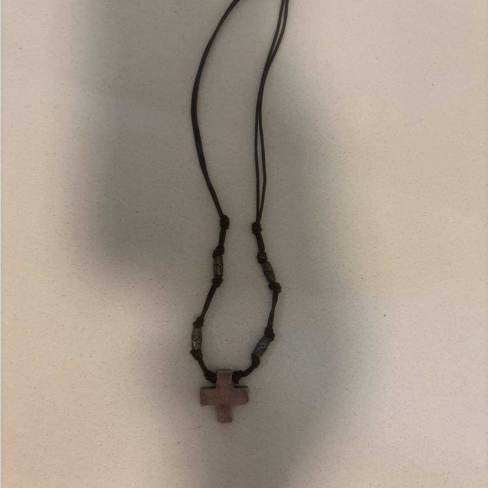 Silver Cross Pendant Necklace Leather Cord - Picture 2 of 4